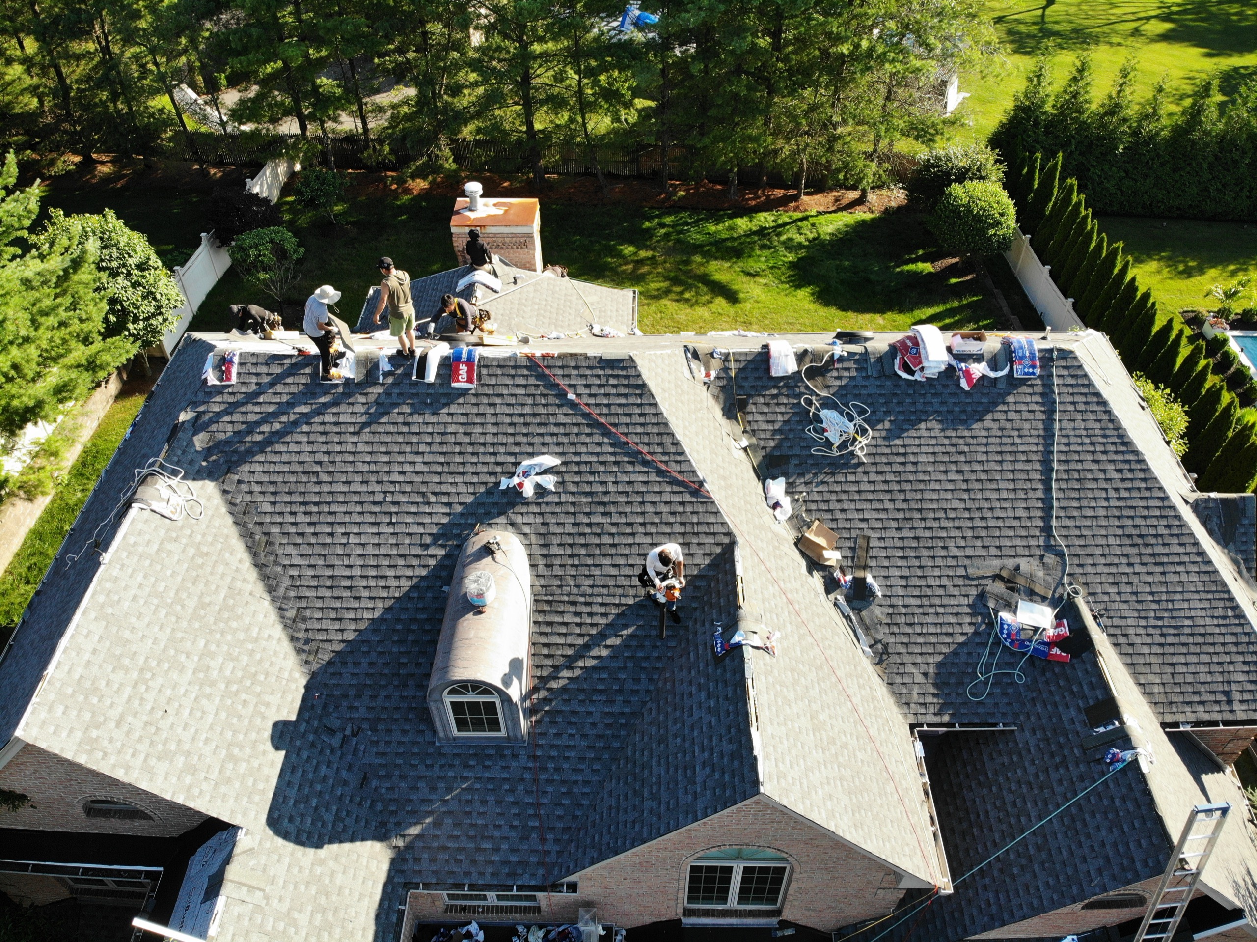 Completed GAF roof replacement in Closter, New Jersey, photographed by drone