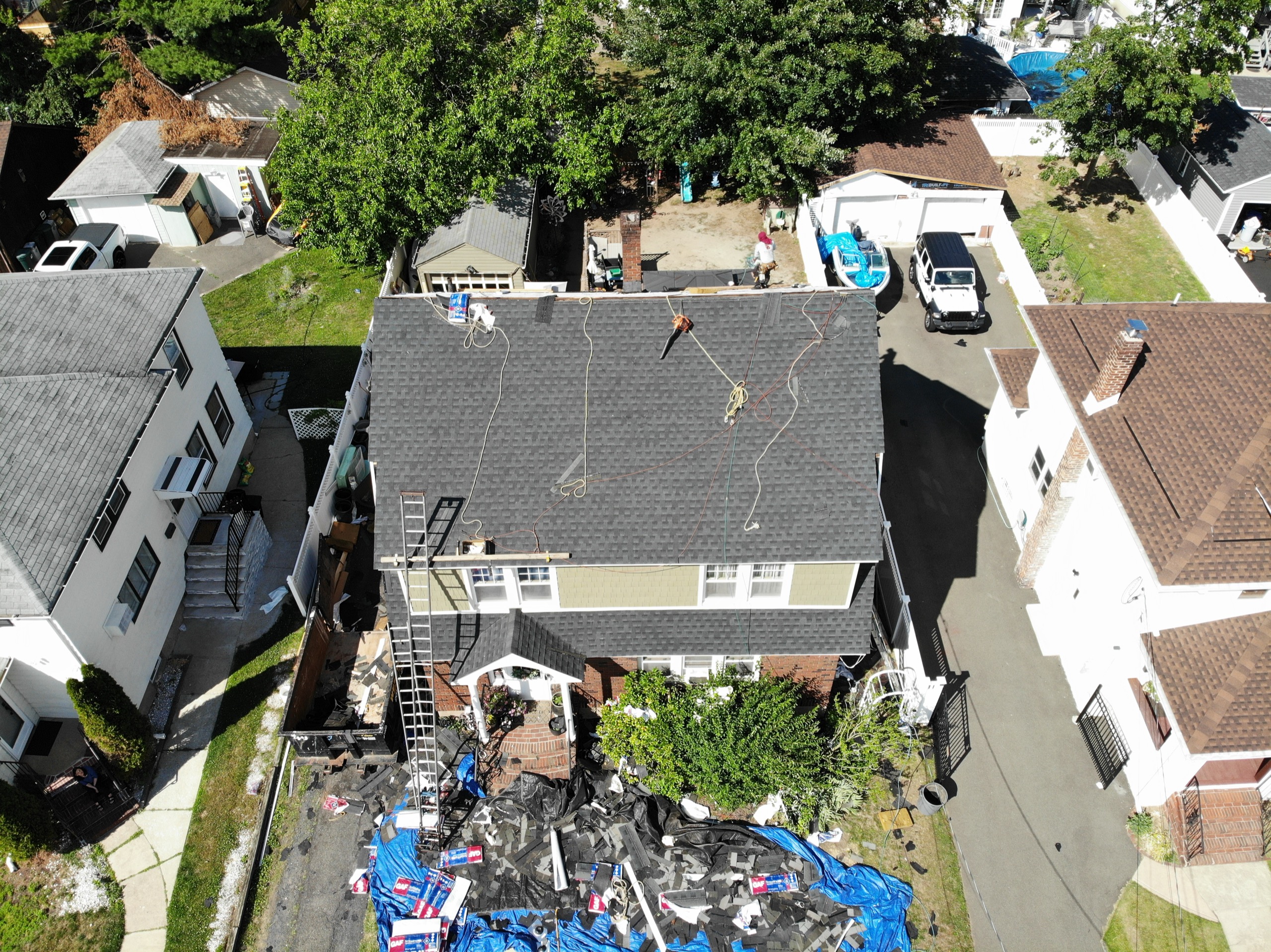 Aerial view of a completed All Elite roof replacement in Rochelle Park, New Jersey